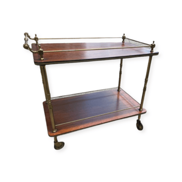 Antique Wood Bar Cart with Brass Ornate Hardware