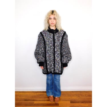 Working Girl Cardigan Sweater // vintage knit boho hippie dress black 1980s hippy 80s tunic oversize jacket 70s // O/S 