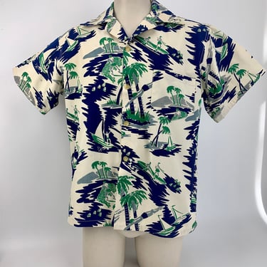 1940s-50s Hawaiian Shirt - LAGUNA Label - Heavy Canvas - Made in California - Diving Swimmers  - Palm Trees and Outriggers - Men's Large 