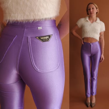 Vintage 70s Lavender Disco Pants/ 1970s High Rise Shiny Skin Tight Pants/ Size XS 