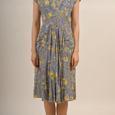 **1940s Grey Blue and Yellow Novelty Print Rayon Dress