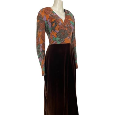 70s Vintage Metallic Dress, empire waist dress, v neck vintage dress, metallic orange Hostess Dress Maxi Dress size 10 / 12 m medium 