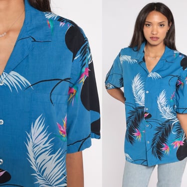 Tropical Floral Shirt Blue Bird of Paradise Hawaiian Shirt Button Up 80s 90s Vintage Surfer Vacation Short Sleeve Surf Beach Large 