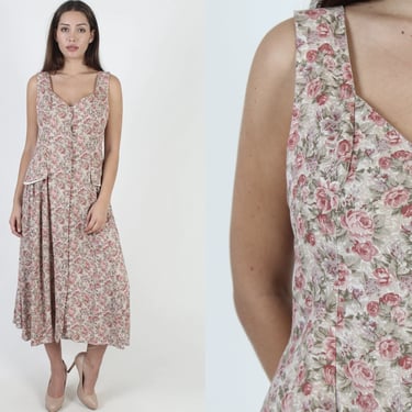 Scott McClintock Pink Floral Dress / 1980s Dusty Rose Romantic Dress / Vintage 80s Liberty Print Lawn Party Peplum Maxi 