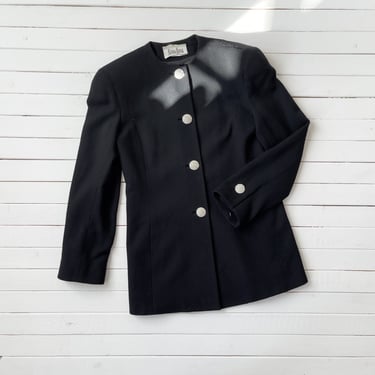 black wool jacket | 80s 90s vintage Nieman Marcus black worsted wool rhinestone buttons glam gothic wool blazer 