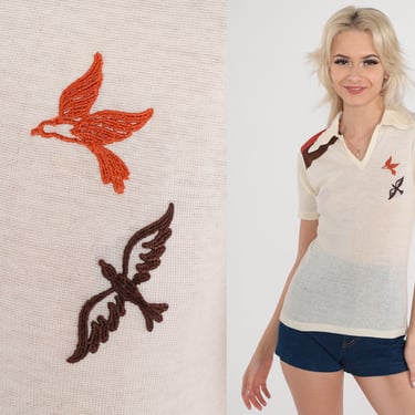 Embroidered Bird Shirt 70s Shirt Cream Brown Color Block Johnny Collar V Neck T-Shirt Short Sleeve Boho Hippie Top Vintage 1970s Small S 