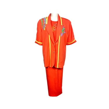 Vintage Retro 3 Piece Skirt Shirt & Blazer Set Abstract Patchwork Orange Nancy Bolen City Girl 80&#39;s Clothing 