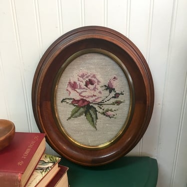 Rose needlepoint in Victorian oval frame - framed needlework - 1940s 