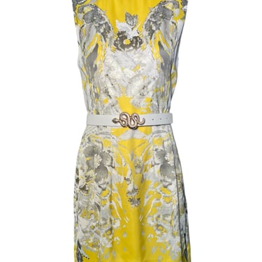 Roberto Cavalli 2000s Black Label Yellow Floral Dress with Snake Belt