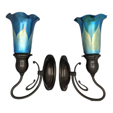 COMING SOON - Signed Lundberg Studios Reproduction Art Nouveau Style Wall Sconces With Iridescent Glass Shades in Peacock Colors - a Pair