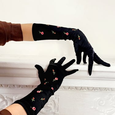 1950s Black Satin Gloves Pink Floral Embroidery 