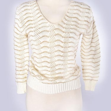 1970's Gotham Art Deco Disco Sweater Vintage Top Ivory White, Gold Metallic Thread Fitted, V Neck, Ossie Clark, Biba style 