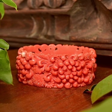 Vintage Floral Carved Celluloid Coral Bangle Bracelet, Wide Orange Bangle, Intricate Floral Designs, Stacking Bracelets, 8” L 