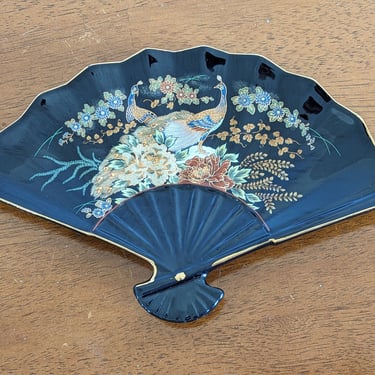 Vintage Asian Fan with Peacock Motif Ceramic Jewelry Catchall Dish 