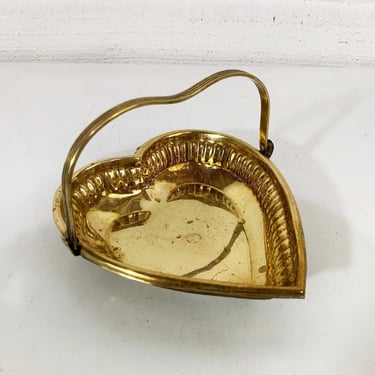 Vintage Brass Trinket Heart Basket Golden Bowl Handle Storage Organization Holder Retro Gold 1970s 1980s 