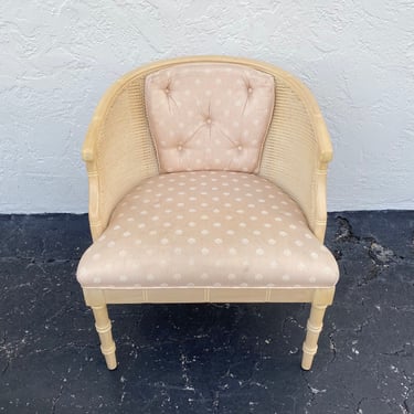 Vintage Barrel Chair with Faux Bamboo, Rattan Cane Back and Upholstered Fabric - Hollywood Regency Armchair Coastal Furniture 