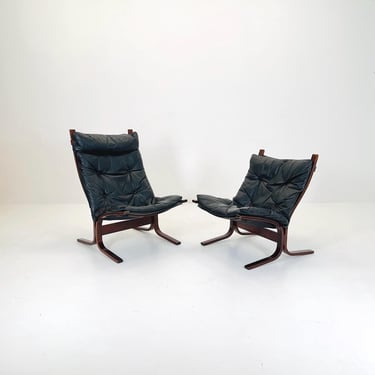 Set of 2  Ingmar Relling “Siesta” Chairs – Highback & Lowback Models in Black Leather with Bentwood Frames, 1960s 