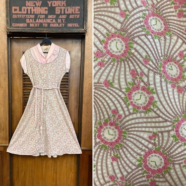 Vintage 1940’s Pink Cotton Clock Novelty Print Day Dress, Vintage 1940’s Dress, Clock Print, Vintage Day Dress, Novelty Print, Rockabilly 