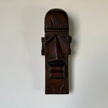 Mid-Century Hand Carved Wood Cubist Man Face Wall Sculpture 