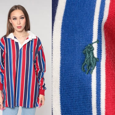 Ralph Lauren Shirt 90s Rugby Shirt Striped Long Sleeve Blue Red White Polo Shirt Preppy Pullover Vintage Retro 90s Streetwear RLP Large L 