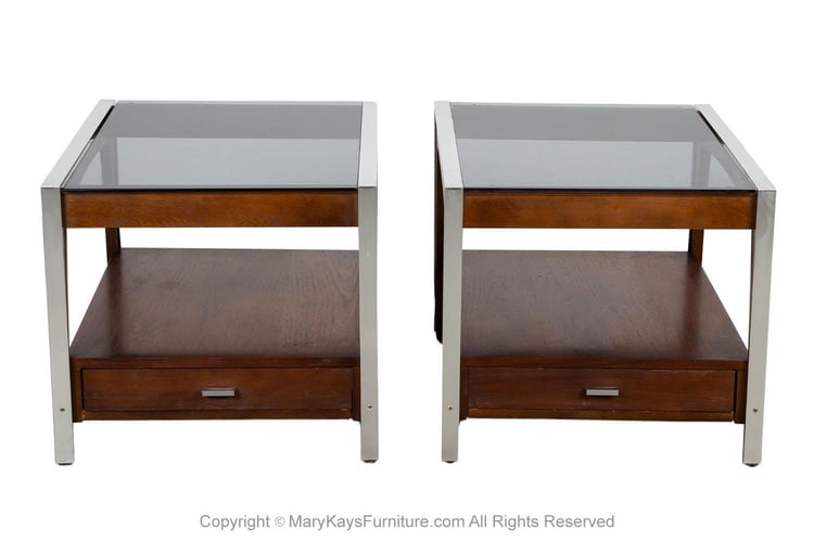 Pair Mid-Century Walnut Aluminum Smoked Glass Nightstands End Tables 