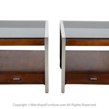 Pair Mid-Century Walnut Aluminum Smoked Glass Nightstands End Tables 