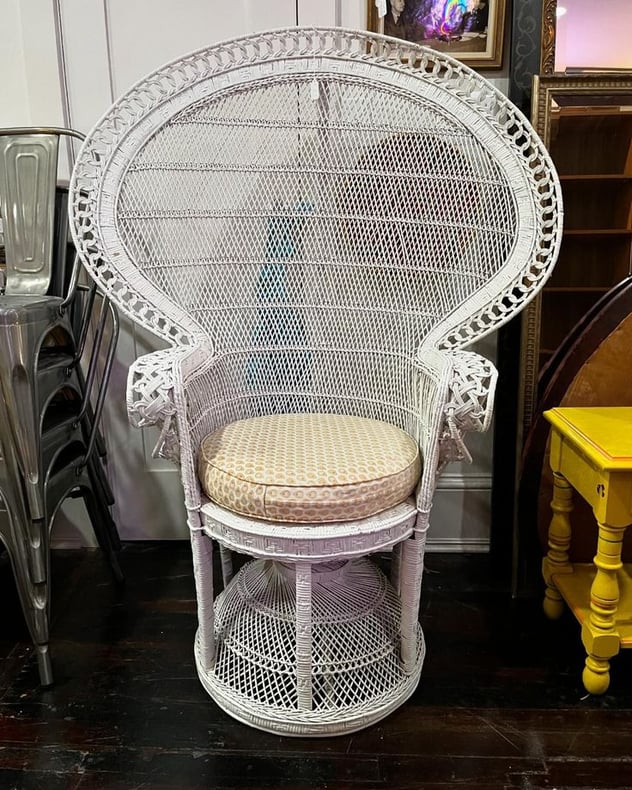 White wicker fan chair. 44” x23” x 57” x seat height 21” 