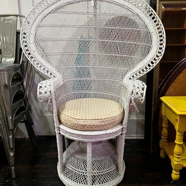 White wicker fan chair. 44” x23” x 57” x seat height 21” 