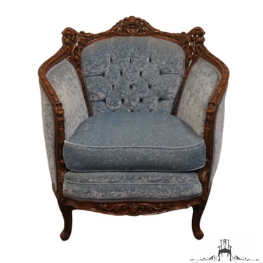 VINTAGE ANTIQUE Rococo Traditional Victorian Style Powder Blue Crushed Velvet Accent Parlor Arm Chair 