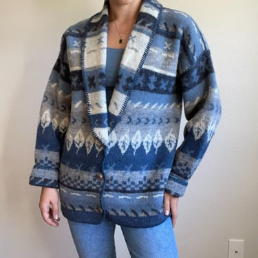 Vintage Womens 90s Coldwater Creek Blue Wool Western Aztec Jacket Sz L 