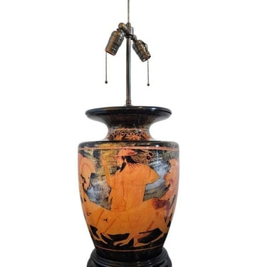 Fine Ancient Greek Euphronios Red-figure Pottery Style Vase Table Lamp - Classical Black Lacquered Silver Gilt Burnt Orange Vasiform Lamp 