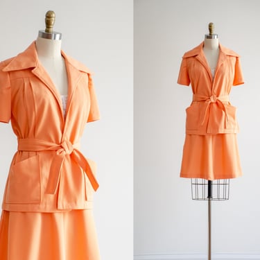 orange skirt suit | 70s vintage bright peach orange short sleeve wrap blouse knee length skirt 2 piece set 