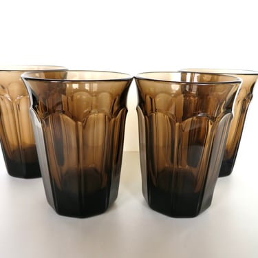 Set Of 4 Vintage Duratuff Smokey Brown Glass Tumblers, 1970s Libbey Heavy Tawny Brown Glass Tumblers 