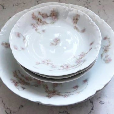 6 Piece of Vintage Haviland Limoges France Set of 3 Berry Fruit Dessert Bowls and set of 3 Soup Bowls Pink Floral Scalloped Edges Porcelain by LeChalet