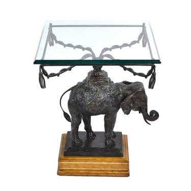 Vintage Maitland Smith Figural Bronze Elephant End Table on Leather Clad Plinth 