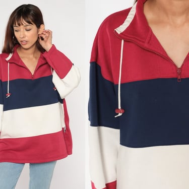 Color Block Sweatshirt 90s Red White Blue Striped Quarter Zip Sweater Retro Pullover Streetwear Sporty 1990s Vintage Men's Extra Large xl 