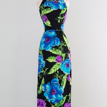 Divine 1970's Mr Dino Halter Neck Deep Tropical Floral Print Maxi Dress / SM