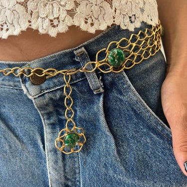 Vintage Gold Chain Belt With Green Stone 