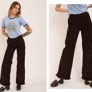 Vintage 1970s 70s High Waisted Brown Corduroy Wide Leg Flared Pants Trousers w/ Weighted Cuffs 