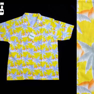 DEADSTOCK Vintage 70s 80s Yellow Gray Orange Palm Trees Print Hawaiian Shirt by Tropicana 