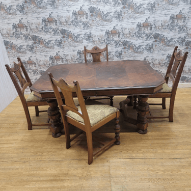 Vintage American Hardwood Dining Table and Chairs - Set of 5