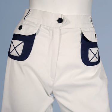 Vintage white twill pants mod 1960s 70s sailor pants wide leg classic slacks unique barn door pockets blue & white(27 x 32) 