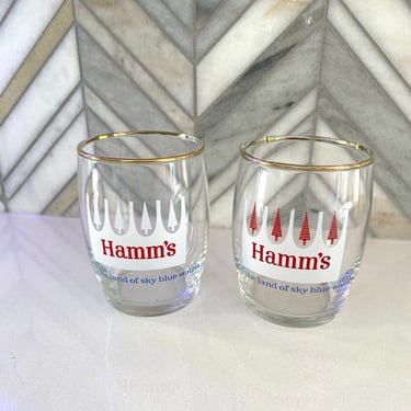 Hamm's Beer Tasting Glasses, Barrel Glass, Set of 2, From the Land of Sky Blue Waters, Red Pine, White Pine, Vintage, Mid Century Barware 