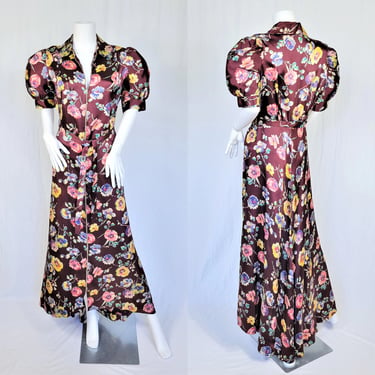 Pandora Movietone 1930's Burgundy Pansy Floral Print Rayon Satin Dressing Gown I Robe I Dress I Sz Med 