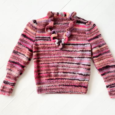 Vintage Striped Hand Knit Sweater with Ruffled Neckline 