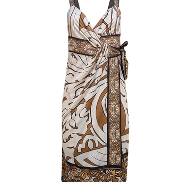 Diane von Furstenberg - Ivory w/ Brown &amp; Black Print Wrap Tie Sleeveless Dress Sz 4