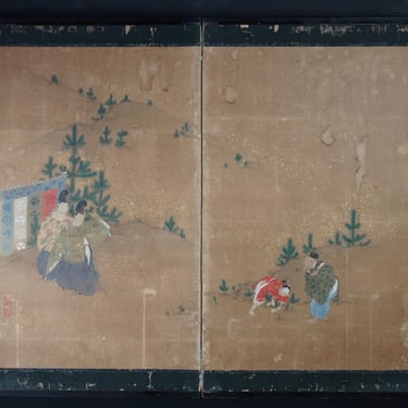 Antique Japan Genji painting folding wind screen 1800 watercolor Art Genjimonogatari 
