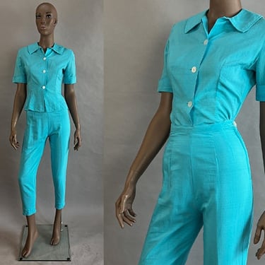 1960s Turquoise Set / Two Piece Blouse & Capris Pants Set by Fritzi / Size Small  Extra Small 