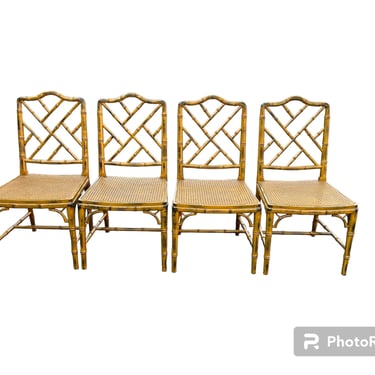 Beautiful vintage faux bamboo side chairs with cane seats. 