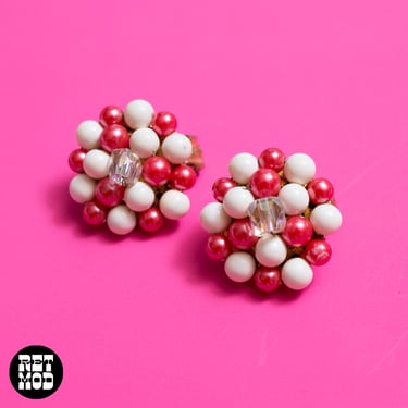 Neat & Sweet Vintage 50s 60s Pink-Red and Cream Bead Cluster Clip-On Earrings 